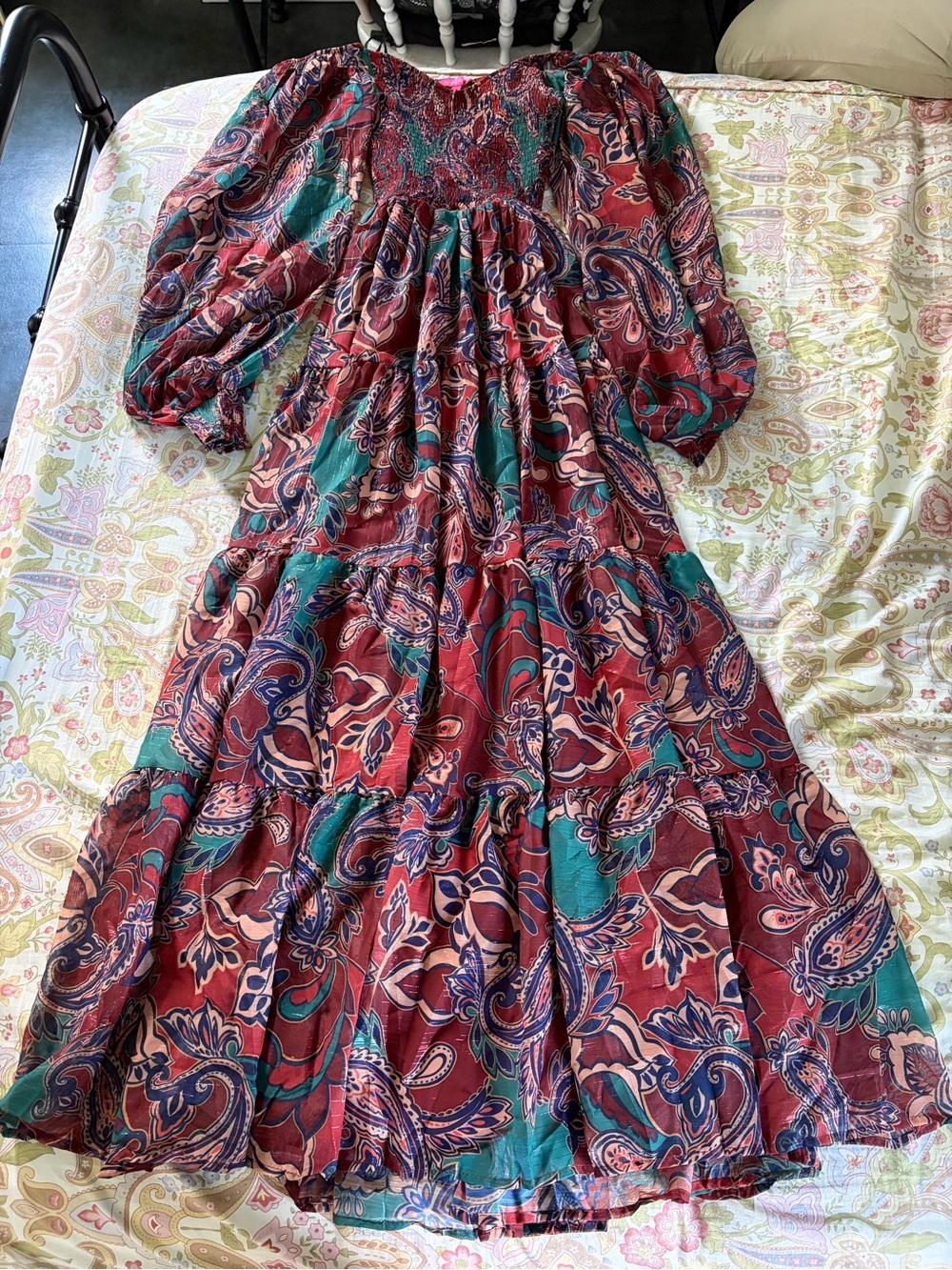 Flying Tomato Burgundy Paisley Tiered Maxi Dress with Teal Accents